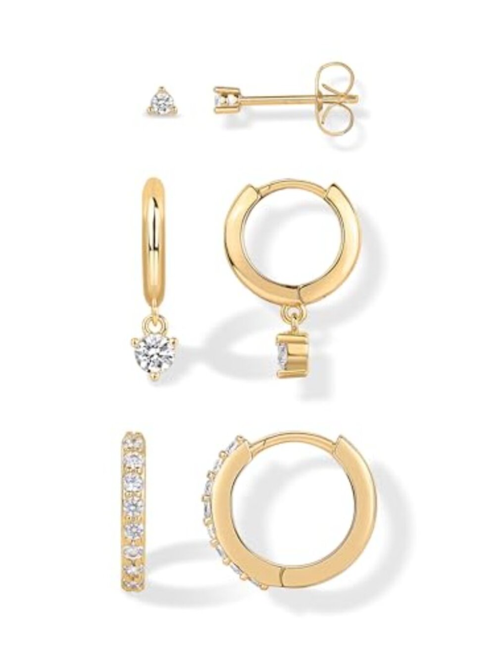 18K Gold Plated 925 Sterling Silver Posts Three Pairs Statement Ears for Women